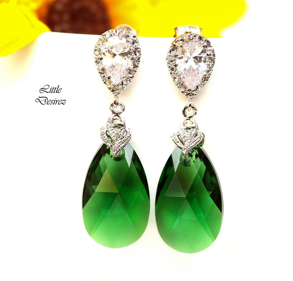 Green Earrings Emerald Earrings  Crystal Dark Moss Earrings Dark Green Earring Cubic Zirconia Bridesmaid Gift Holiday Jewelry DM32P