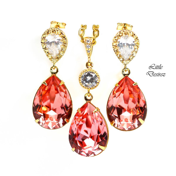 Coral Bridal Earrings Rose Peach Crystal Peach Earrings Sparkly Teardrop Bridesmaid Coral Earring Beach Wedding Jewelry CO31P