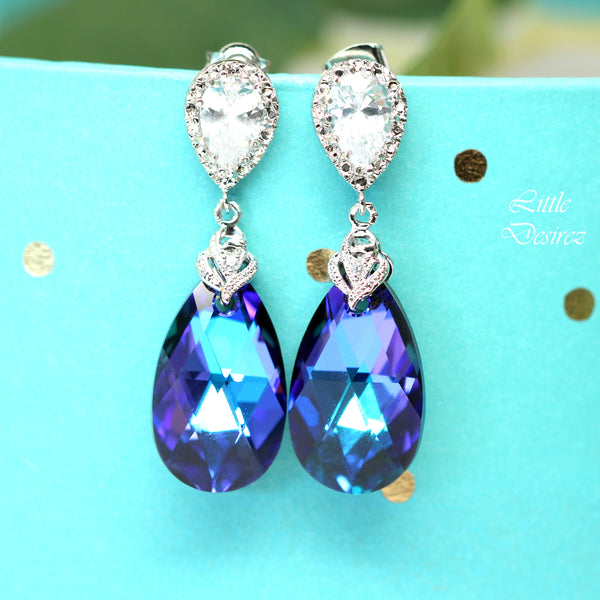 Pear Bridal Jewelry Bridesmaid Jewelry Purple & Blue Jewelry CZ Earrings Crystal Earrings Purple Earrings Peacock Wedding HE32JS