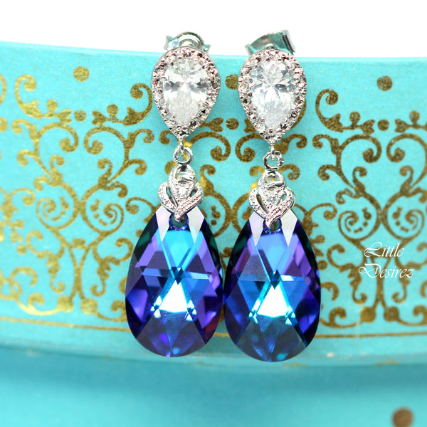 Purple Blue Jewelry Purple Earrings Pear Bridal Jewelry Crystal Earrings Peacock Earrings Bridesmaid Earrings Gift for Her Heliotrope HE32P