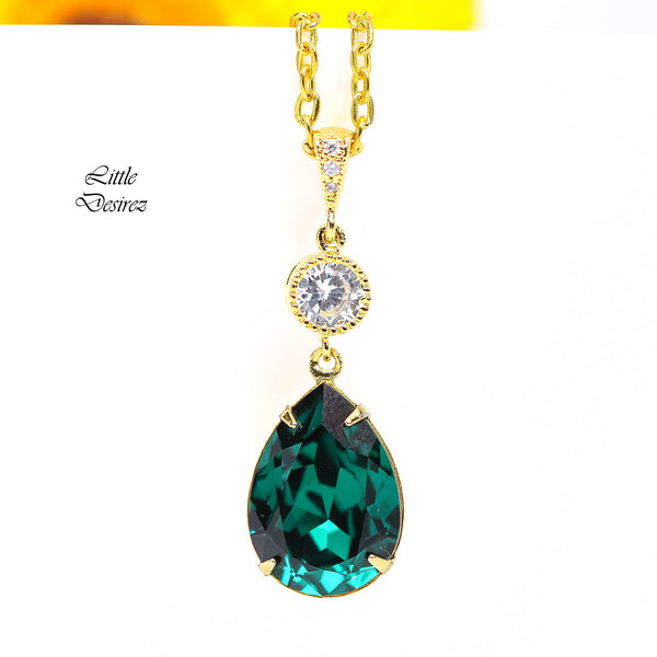 Emerald Gold Necklace Green Gold Necklace  Crystal Emerald Bridal Teardrop Necklace Bridesmaid Necklace Dark Green Necklace EM31N