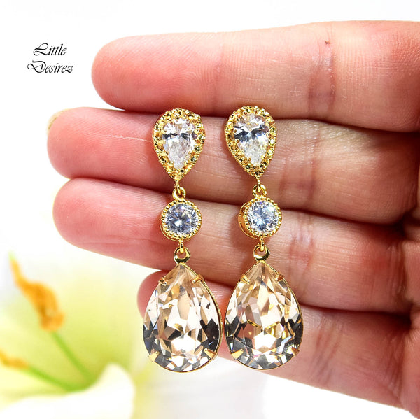 Gold Crystal Earrings Champagne Earrings Bridal Dangle Earrings Silk Earrings Neutral Earrings Nude Color Jewelry Statement Jewelry CH31PC