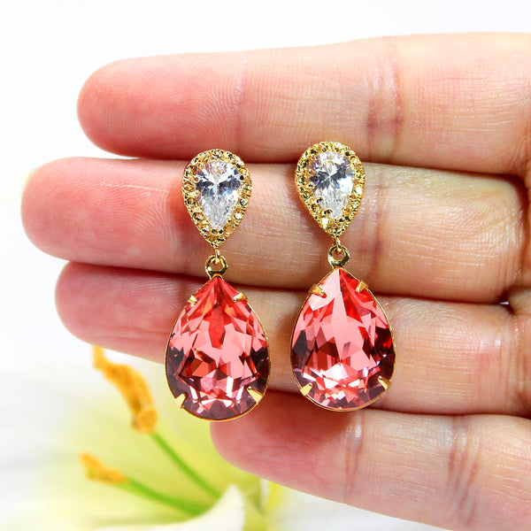 Coral Earrings Peach Earrings Bridal Earrings Rose Peach Crystal Gold Earrings Bridesmaid Earrings Beach Wedding Jewelry CO31P