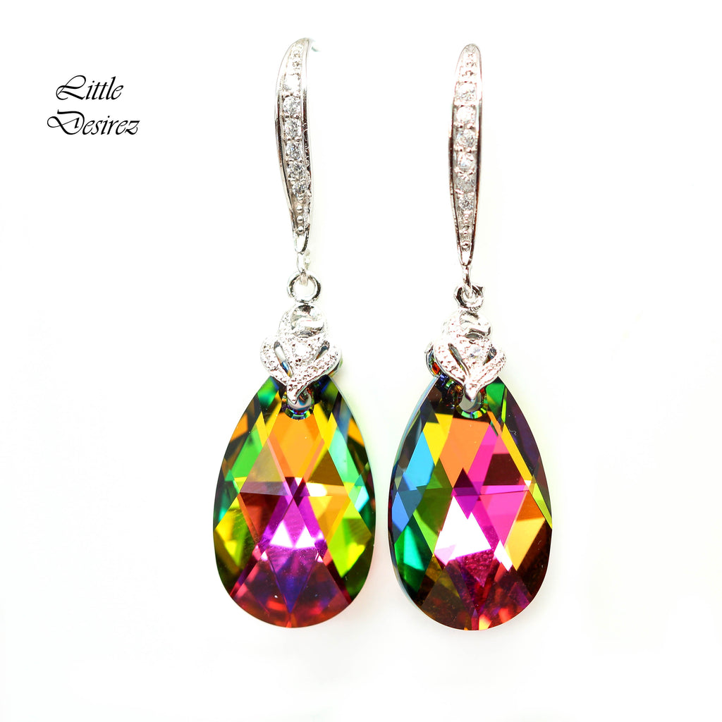 Pink and Green Earrings  Vitrail Medium Teardrop Crystal Fuchsia Emerald Colorful Jewelry Cubic Zirconia Sterling Silver VM32H
