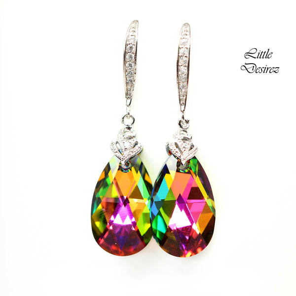 Pink and Green Earrings  Vitrail Medium Teardrop Crystal Fuchsia Emerald Colorful Jewelry Cubic Zirconia Sterling Silver VM32H