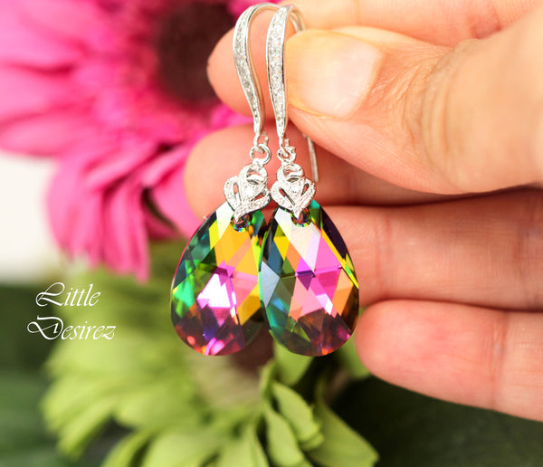 Pink and Green Earrings  Vitrail Medium Teardrop Crystal Fuchsia Emerald Colorful Jewelry Cubic Zirconia Sterling Silver VM32H