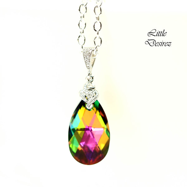 Vitrail Medium Necklace Crystal Teardrop Pendant Sparkly Cubic Zirconia Pink Green Necklace Bridesmaid Necklace Rhodium Plated VM32N