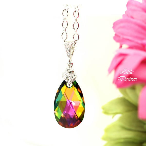 Vitrail Medium Necklace Crystal Teardrop Pendant Sparkly Cubic Zirconia Pink Green Necklace Bridesmaid Necklace Rhodium Plated VM32N