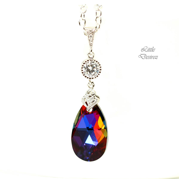 Crystal Necklace Volcano Crystal Pendant Cobalt Purple Orange Bridesmaid Necklace Cubic Zirconia Sterling Silver VO32N