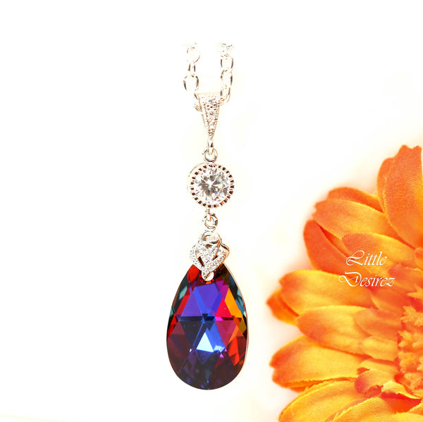 Crystal Necklace Volcano Crystal Pendant Cobalt Purple Orange Bridesmaid Necklace Cubic Zirconia Sterling Silver VO32N