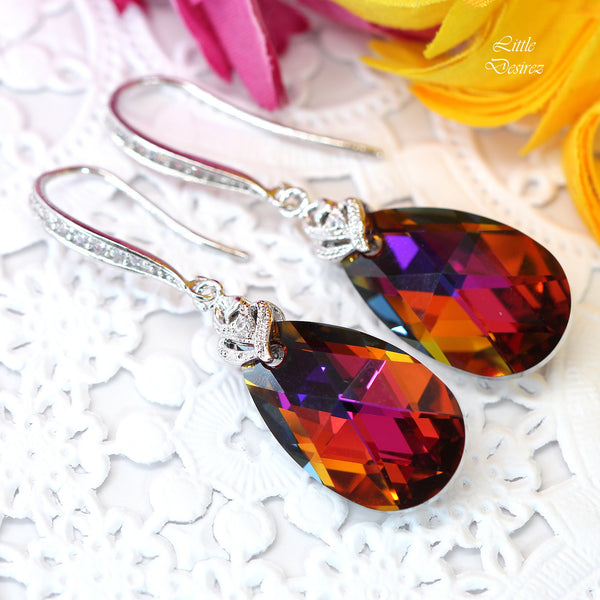 Bridesmaid Gift Volcano Crystal Earrings & Necklace Set Cobalt Purple Orange Cubic Zirconia Jewelry Statement Jewelry VO32JS