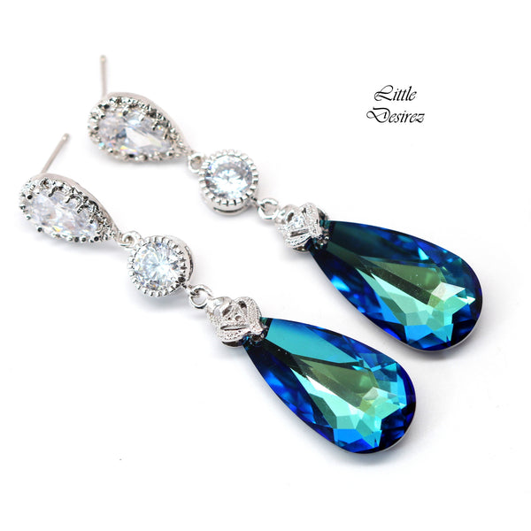 Bridal Earrings Bermuda Blue Earrings Bridesmaid Blue Earrings Teal Earrings Aqua Sea Green Peacock  Elements Cubic Zirconia BB33PC
