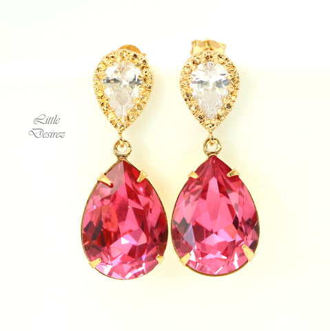 Pink Earrings Gold Earrings Fuchsia Earrings Hot Pink Earrings Crystal Cubic Zirconia 16k Gold Plated Magenta Earrings RP31P