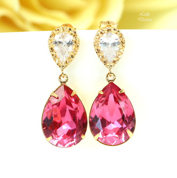 Pink Earrings Gold Earrings Fuchsia Earrings Hot Pink Earrings Crystal Cubic Zirconia 16k Gold Plated Magenta Earrings RP31P