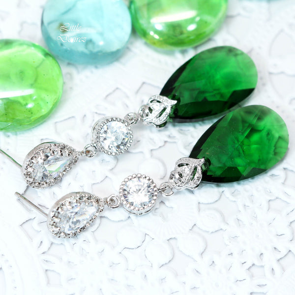 Green Earrings Emerald Earrings Bridal Earrings Long Crystal Earrings Dark Green Earrings Forest Green Cubic Zirconia Bridesmaid Gift DM32PC