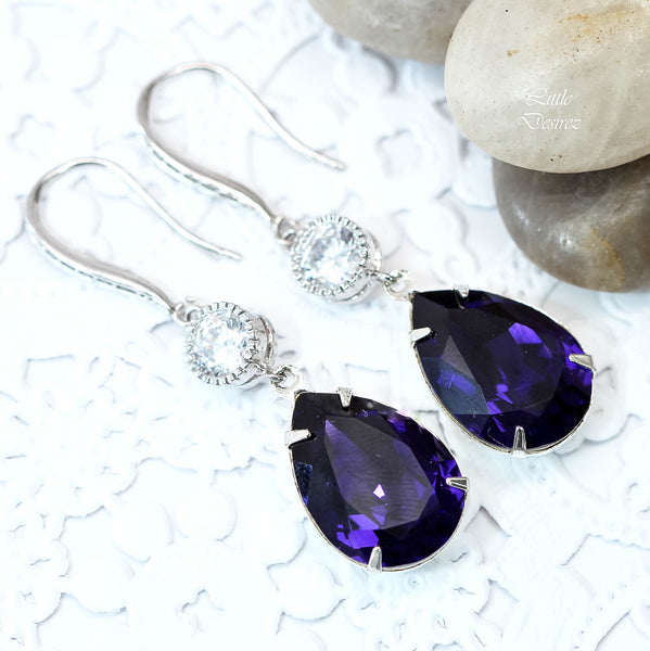 Purple Bridal Earrings Dark Purple Crystal Bridesmaid Earrings  Purple Velvet Eggplant Plum Deep Purple Jewelry CZ Earrings PV31HC