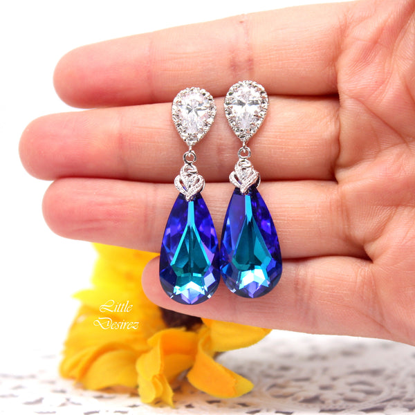 Purple Earrings Necklace Set Bridal Jewelry Set Bridesmaid Gift  Heliotrope Cubic Zirconia Sterling Silver Purple and Blue HE33JS