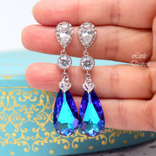 Bridal Blue Purple Earrings Wedding Purple Turquoise Earrings Peacock Jewelry Bridesmaid Gift Heliotrope  Crystal Earrings HE33PC