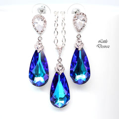 Purple Earrings Necklace Set Bridal Jewelry Set Bridesmaid Gift  Heliotrope Cubic Zirconia Sterling Silver Purple and Blue HE33JS
