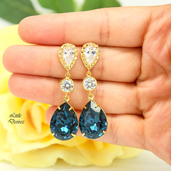 Navy and Gold Earrings Navy Blue Earrings for Wedding Bridesmaid Jewelry Navy Blue Bridal Earrings Navy Blue Long Earrings  MO31PC