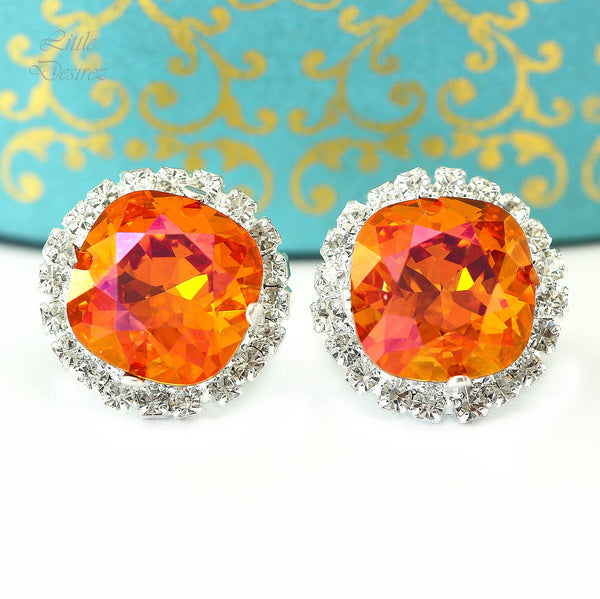 Orange Pink Stud Earrings Fuchsia Orange Earrings Large Stud Earrings Bridesmaid Jewelry Astral Pink  Crystal Cushion Cut AP50S