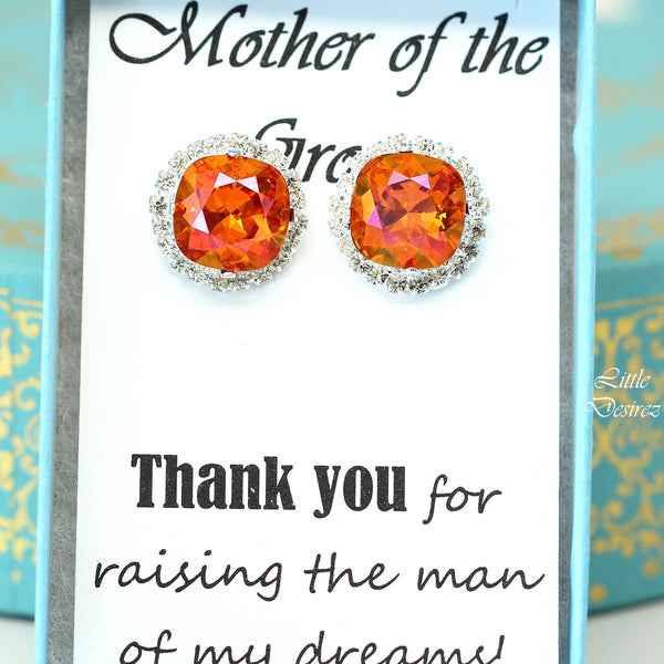 Orange Pink Stud Earrings Fuchsia Orange Earrings Large Stud Earrings Bridesmaid Jewelry Astral Pink  Crystal Cushion Cut AP50S