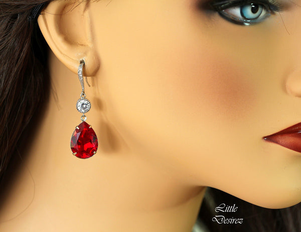 Red Earring Red Jewelry Holiday Jewelry  Crystal Siam Dark Red Earrings Cubic Zirconia Rhodium Plated Garnet Ruby Crimson SI31HC