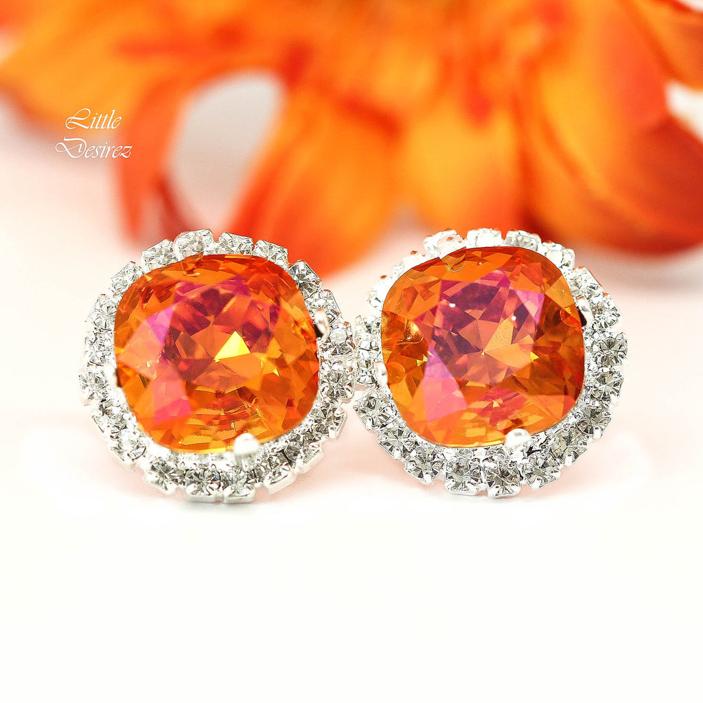 Orange Pink Stud Earrings Fuchsia Orange Earrings Large Stud Earrings Bridesmaid Jewelry Astral Pink  Crystal Cushion Cut AP50S
