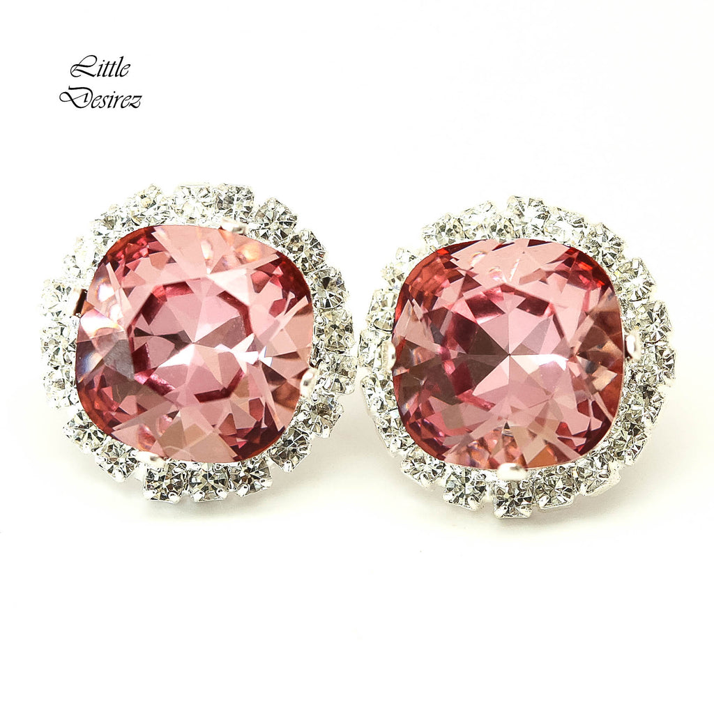 Platinum plated fancy cut cz earrings with baby pink drops -