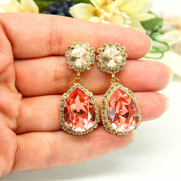 Coral Gold Crystal Earrings Bridal Peach Chandelier Drop Earrings Coral Orange Chandelier Earrings Bridal Salmon Crystal Long Earrings CO31DD