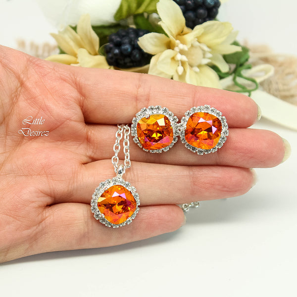 Orange Pink Stud Earrings Fuchsia Orange Earrings Large Stud Earrings Bridesmaid Jewelry Astral Pink  Crystal Cushion Cut AP50S