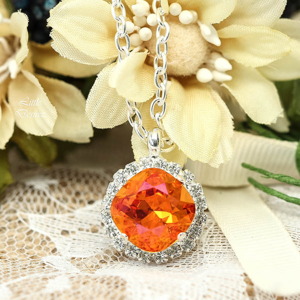 Silver Necklace Crystal Pendant Necklace Orange and Pink Necklace AP50N