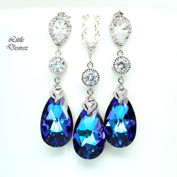 Pear Bridal Jewelry Purple & Blue Jewelry CZ Earrings Bridesmaid Jewelry Chandelier Earrings Long Bridal Earrings Wives Gift Romantic HE32JS