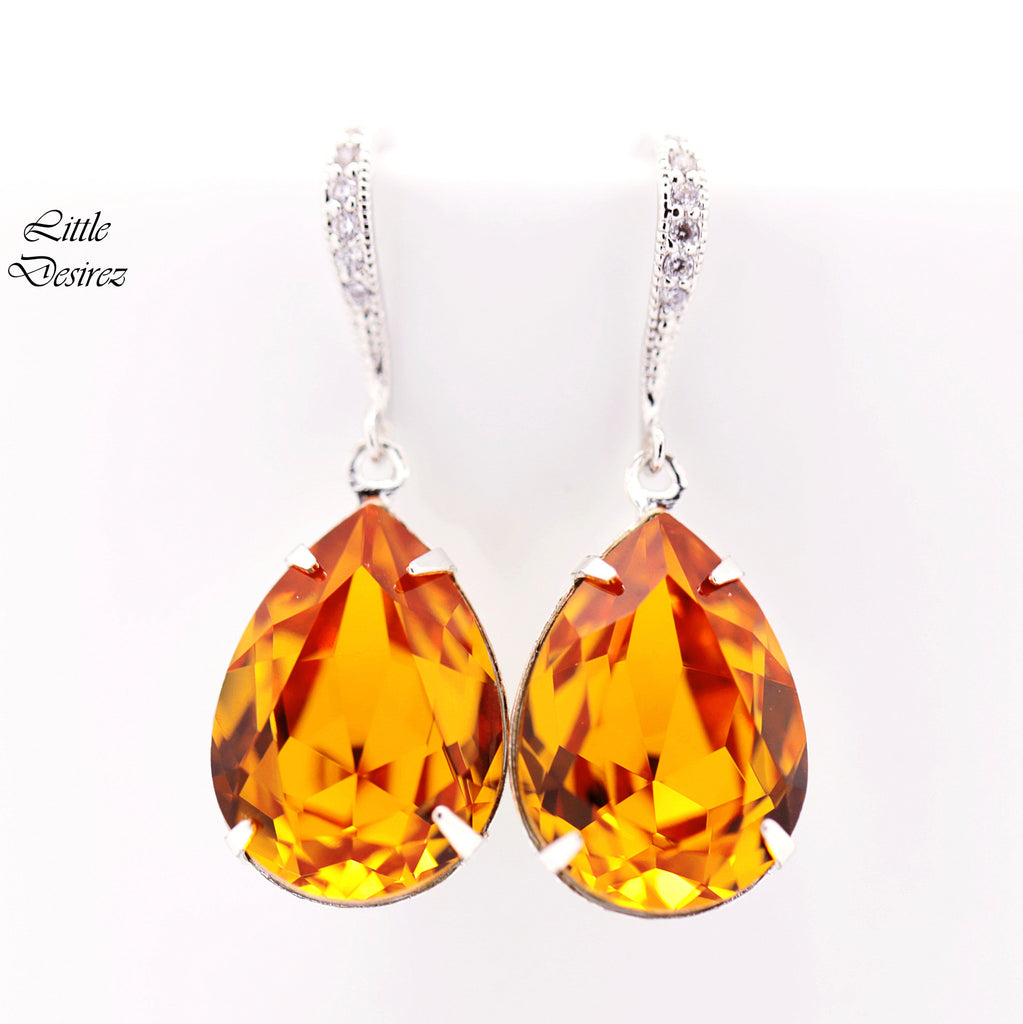 Topaz Earrings Crystal Earrings Pear Crystal Teardrop Earrings Dark Orange Sterling Silver Rhodium Plated Bridesmaid Earrings TO31H