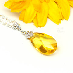 Yellow Swarovski Crystal Necklace, Sunflower Pendant Necklace, Bridesmaid Jewelry Gift, Light Topaz Teardrop Necklace, Wedding Jewelry LT32N