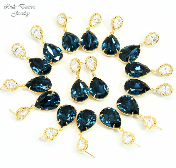 Post Earrings Navy Blue Dangle Earrings Navy Bridesmaid Earrings Navy Blue Wedding Earrings Navy Silver Earrings Crystal CZ Earrings MO31P
