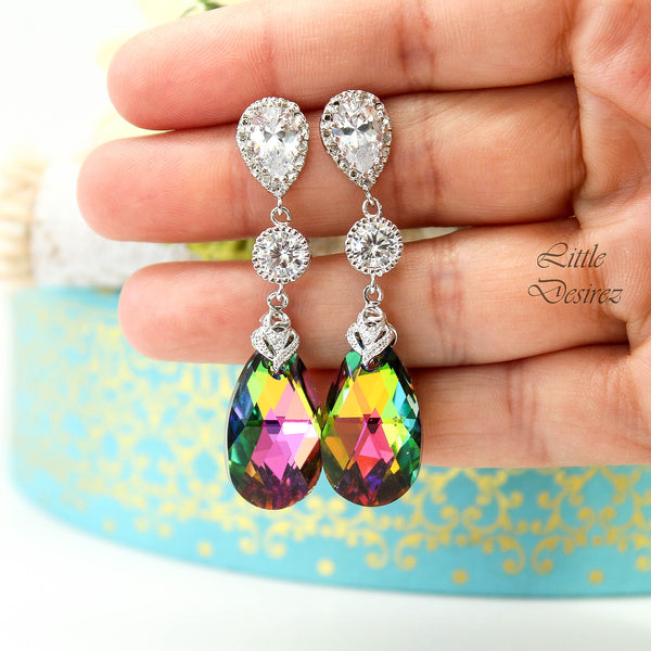 Colorful  Earrings Bridesmaid Earrings  Vitrail Medium Cubic Zirconia Earrings Sterling Silver Earrings Long Dangle VM32PC