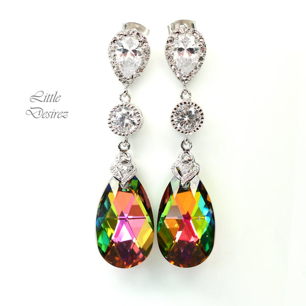 Colorful  Earrings Bridesmaid Earrings  Vitrail Medium Cubic Zirconia Earrings Sterling Silver Earrings Long Dangle VM32PC
