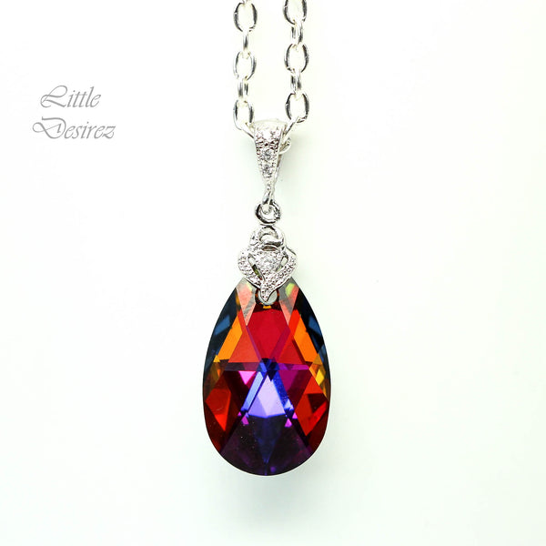 Volcano Crystal Necklace Cobalt Purple Colorful Jewelry Elements Bridesmaid Necklace Bridal Teardrop Pendant VO32N