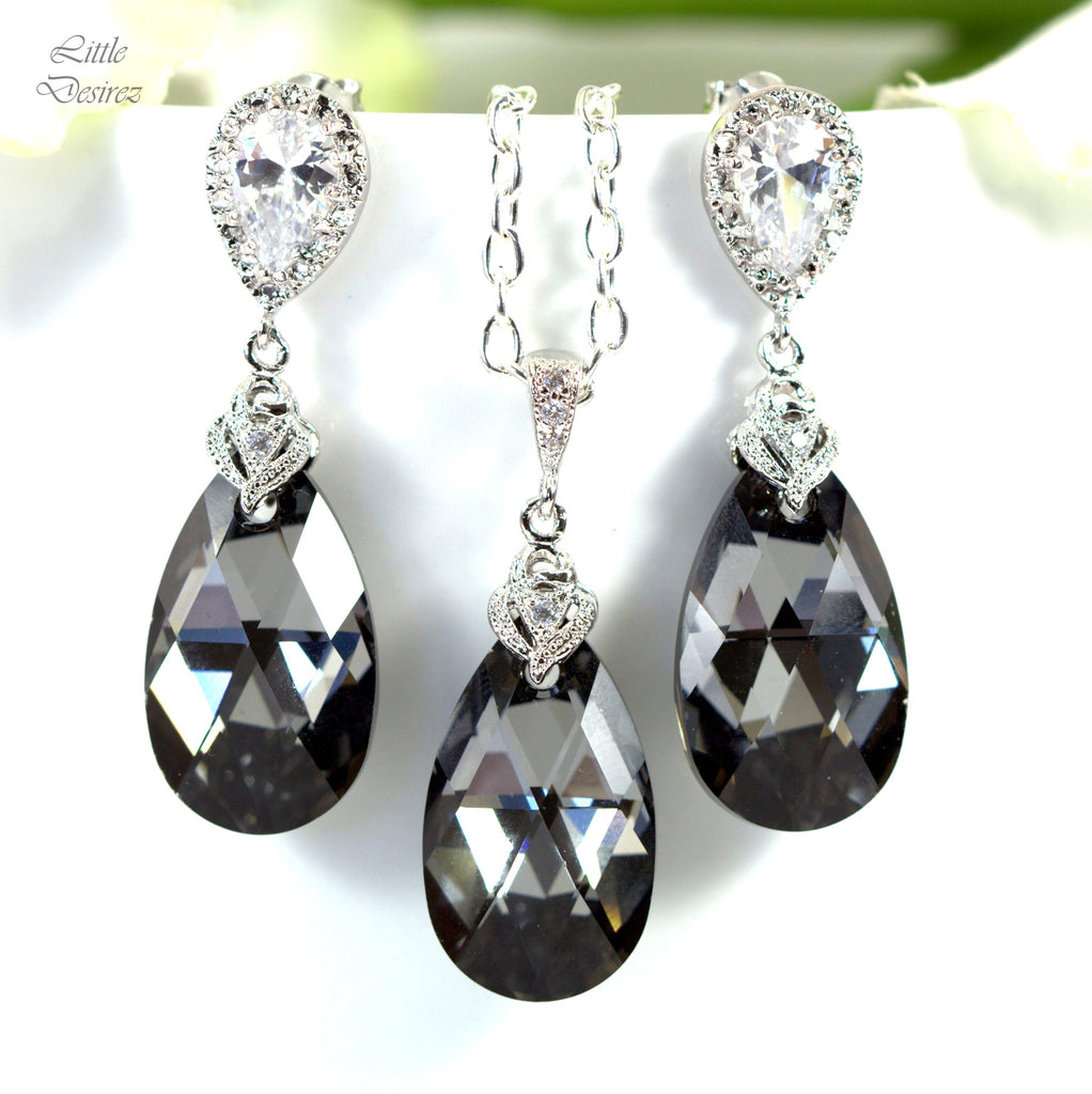 Charcoal Grey Earrings and Necklace Set Bridesmaid Gift Grey Jewelry Set  Silver Night Crystal Cubic Zirconia Jewelry SN32JS