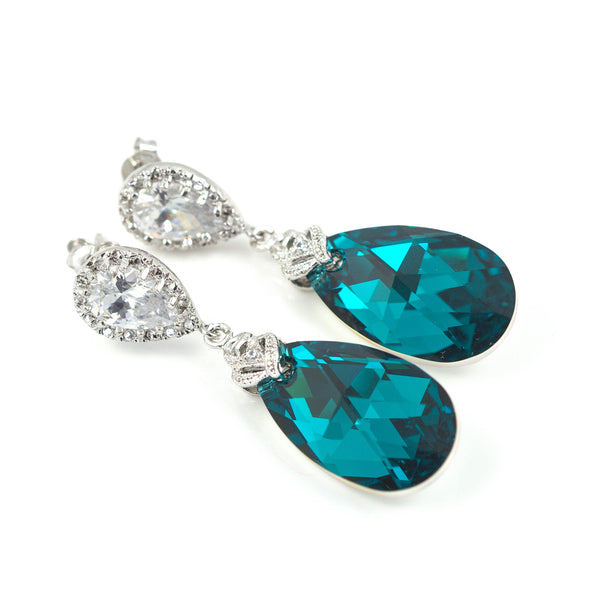 Teal Teardrop Earrings Blue Zircon Comet Argent Light Crystal Elements Teal Earrings Cubic Zirconia Hypoallergenic BZ32P