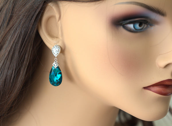 Teal Teardrop Earrings Blue Zircon Comet Argent Light Crystal Elements Teal Earrings Cubic Zirconia Hypoallergenic BZ32P