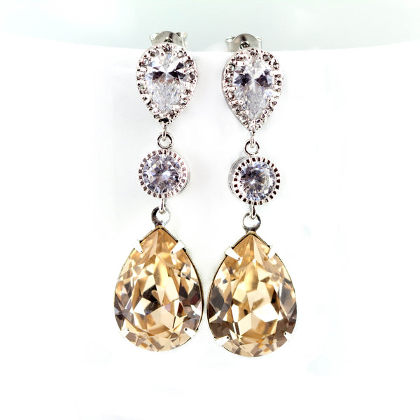 Gold Crystal Earrings Champagne Earrings Bridal Dangle Earrings Silk Earrings Neutral Earrings Nude Color Jewelry Statement Jewelry CH31PC