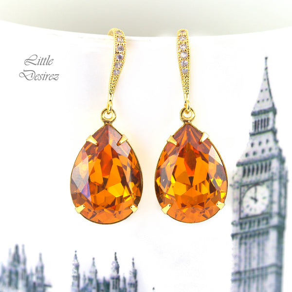 Topaz Earrings Crystal Earrings Pear Crystal Teardrop Earrings Dark Orange Sterling Silver Rhodium Plated Bridesmaid Earrings TO31H