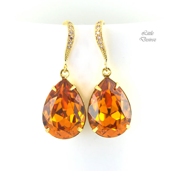 Topaz Gold Earrings Orange Earrings Rhinestone Earrings 16k Gold Plated Hypoallergenic Teardrop Earrings Bridesmaid Gift TO31H