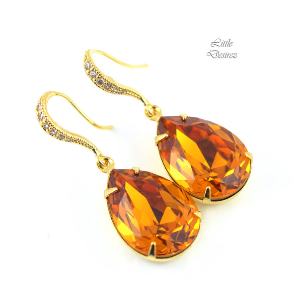 Topaz Earrings Crystal Earrings Pear Crystal Teardrop Earrings Dark Orange Sterling Silver Rhodium Plated Bridesmaid Earrings TO31H