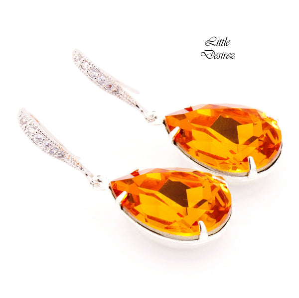Topaz Earrings Crystal Earrings Pear Crystal Teardrop Earrings Dark Orange Sterling Silver Rhodium Plated Bridesmaid Earrings TO31H