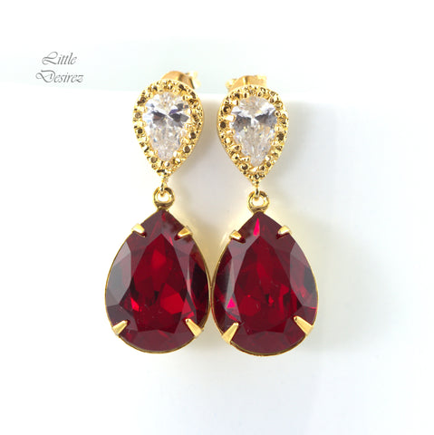 Dark Red Earrings Red Crystal Earrings Bridesmaid Jewelry Gold Earrings  Siam Earrings Cubic Zirconia Earrings Teardrop Stone SI31P