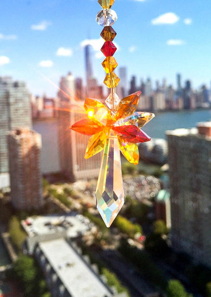 Crystal Suncatcher Glass Ornament Window Suncatcher Icicle Prism Topaz Yellow Red Fall Colors Decorative Glass Accent