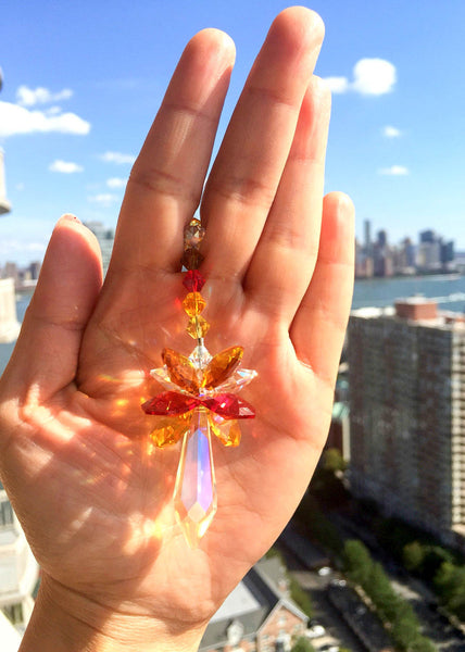 Crystal Suncatcher Glass Ornament Window Suncatcher Icicle Prism Topaz Yellow Red Fall Colors Decorative Glass Accent